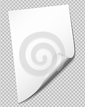 White sheet of paper with bent corner, isolated on transparent b