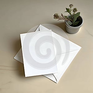 A white sheet of paper, a blank sheet of paper, and an envelope and a flower in a pot