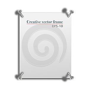 White sheet of paper bolted with screws. Creative frame. Background for advertising. Vector illustration eps-10