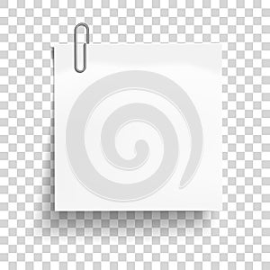White sheet of paper with metal paper clip. Metal paper clip attached to paper. Vector illustration