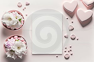 White sheet of paper on pink background. Valentines day mockup. Generative AI