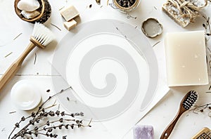 white sheet of paper on the table with soaps and brushes