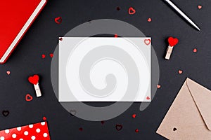 White sheet postcard place for text on Valentine's Day, Flat Lay