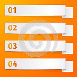 White sheets of paper on a orange background. Origami vector banner