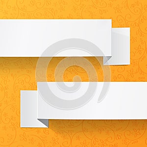 White sheets of paper on a orange background. Origami vector banner.