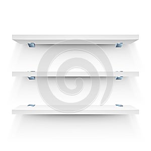 White shelf mockup. Three empty shelves template. Realistic bookshelf design.