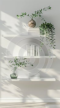 White shelves against white wall with potted plants decorating each shelf, White shelves with books and plants against