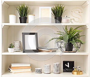 White shelving unit with plants and decorative stuff