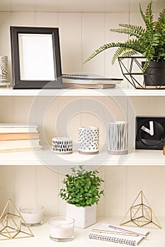 White shelving unit with plants and decorative stuff