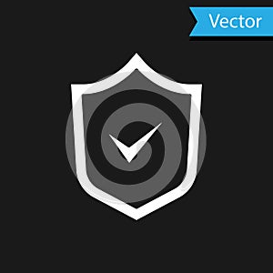 White Shield with check mark icon isolated on black background. Security, safety, protection, privacy concept. Tick mark