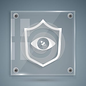 White Shield eye scan icon isolated on grey background. Scanning eye. Security check symbol. Cyber eye sign. Square