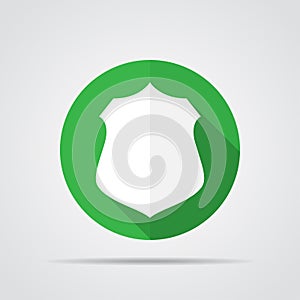 White shield in flat design with long shadow. Simple shield icon on a green circle. Vector illustration.