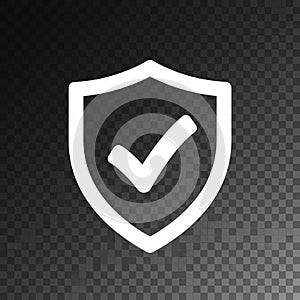A white shield icon featuring a checkmark centered within it