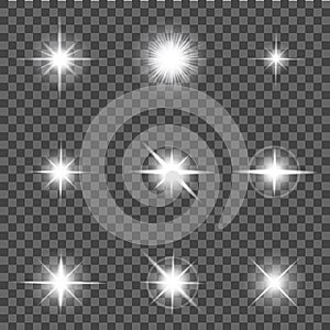 White shine flare light, sun or star. Flash effect, lens flare, sunlight ray with lightning on transparent background. Bright