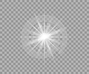 White shining sun with radial random beams. A bright flash of light. Vector Christmas design element isolated background.
