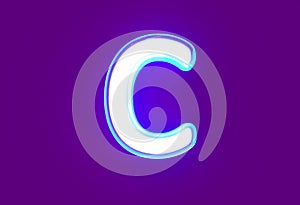 White shiny neon light blue glow alphabet - letter C isolated on purple background, 3D illustration of symbols