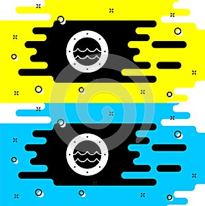 White Ship porthole with rivets and seascape outside icon isolated on black background. Vector
