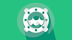 White Ship porthole with rivets and seascape outside icon isolated on green background. 4K Video motion graphic