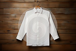 A white shirt mock-up hanging on a wooden wall.