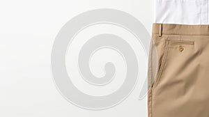 a white shirt tucked into beige trousers professional style against a white backdrop photo