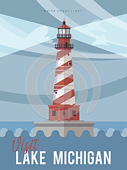 White Shoal Light. Michigan. The great lakes state. Touristic poster in vector