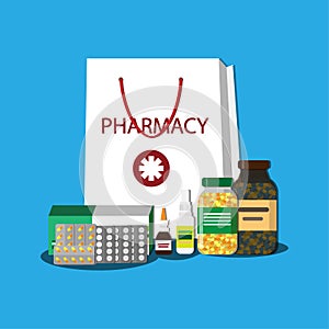 White shopping bag with different medical pills and bottles, healthcare and shopping, pharmacy, drug store. vector flat illustrati