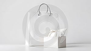 Clean white shopping bag and gift box with ribbon on white background