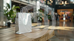 White shopping bag mockup in bright shopping mall, ai generated photo