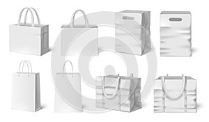 White shopping bag mockup. Paper bags, fabric bag 3d realistic packaging template vector set