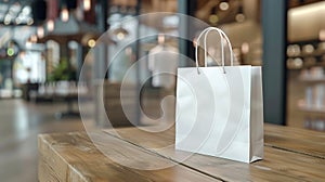 White shopping bag mockup on wooden table in upscale retail store, ai generated photo