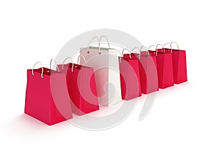 White shopping bag in a row of crimson bags