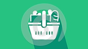 White Shopping basket and food icon isolated on green background. Food store, supermarket. 4K Video motion graphic