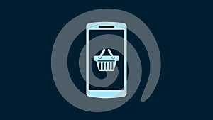 White Shopping basket on screen smartphone icon isolated on blue background. Concept e-commerce, e-business, online