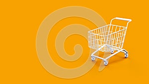 White shopping cart on color background, e-commerce business concept, 3D rendering