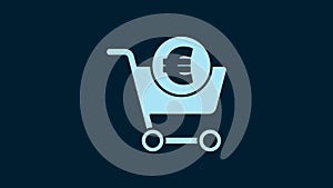 White Shopping cart and euro symbol icon isolated on blue background. Online buying concept. Delivery service. Shopping