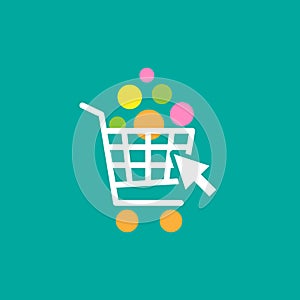 White shopping cart with goods and arrow cursor. Bright purchase. simple icon isolated on turquoise background