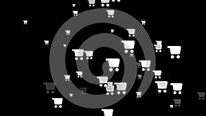 White shopping cart icons looping up on black background. Icon basket, cart, e-commerce. Online buying concept