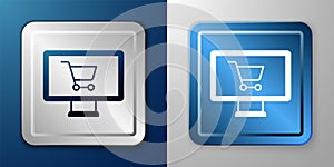 White Shopping cart on monitor icon isolated on blue and grey background. Concept e-commerce, e-business, online