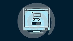 White Shopping cart on screen computer icon isolated on blue background. Concept e-commerce, e-business, online business