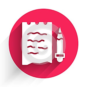 White Shopping list and pencil icon isolated with long shadow. Red circle button. Vector