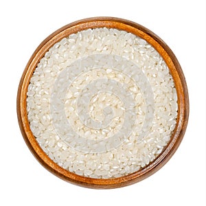 White short grain rice, Asian rice in wooden bowl