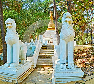 The white shrine of Shwethalyaung Buddha Temple, Bago, Myanmar