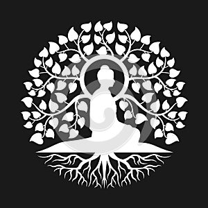 White side view Buddha Meditation under bodhi tree with leaf and root abstract circle style vector design