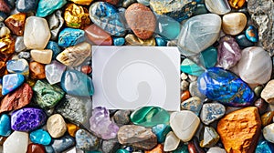 White sign mock-up with space for text or design on various colorful rough and polished gemstones and crystals