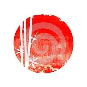 White silhouette of bamboo plants on big red sun