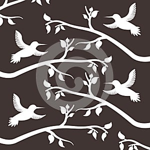 White silhouette birds and branches tree decoration pattern