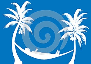 White silhouette of coconut trees and man in a hammock