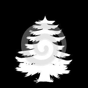 White silhouette of coniferous tree icon isolated on black background.