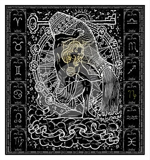 White silhouette of fantasy Zodiac sign Aquarius in gothic frame on black