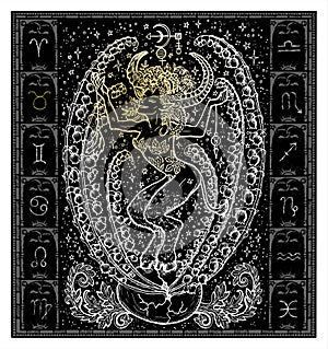 White silhouette of fantasy Zodiac sign Bull or Taurus in gothic frame on black